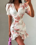 Chic Ruffle Print Slim Fit Dress Women Chic Flared sleeves V-neck Pleated Short Dresses 2026 Lady Summer Casual Daily Vestidos