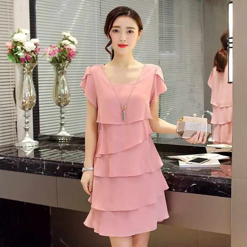 2026 Dress For Women Summer Wave Cut Ruffle Sweet Solid Short Sleeve Slim Dresses Lady Casual All-match Vestido O-Neck Chiffon