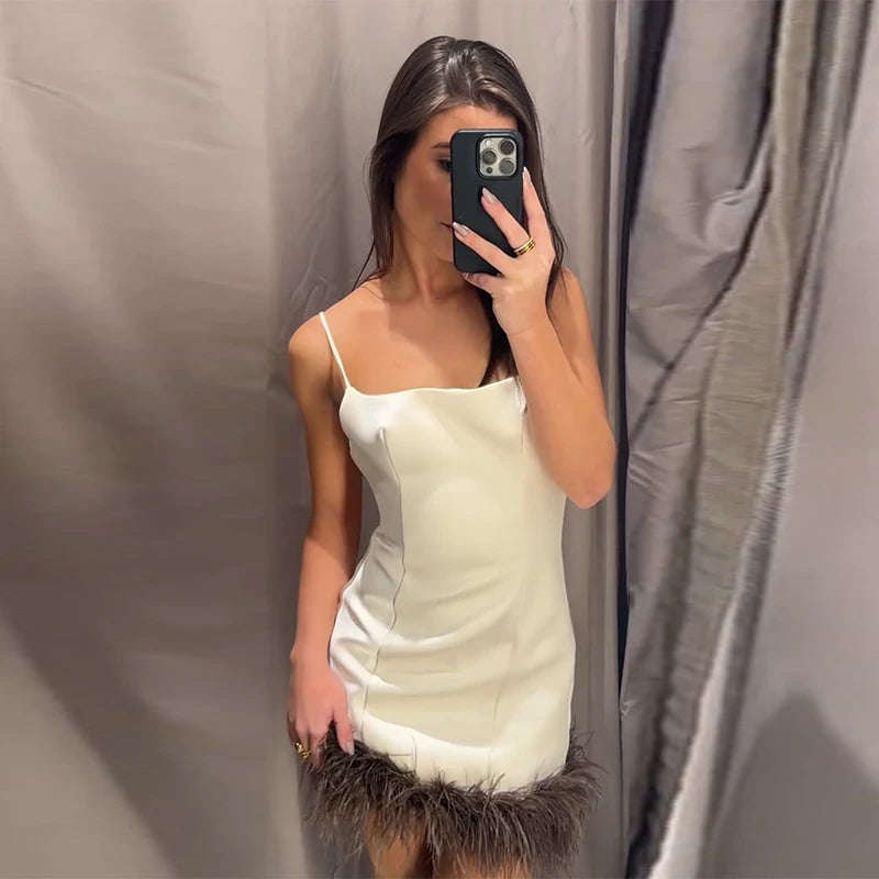 Sexy Feather Patchork Sling Short Dress Women Sleeveless Backless Slim Female Dresses 2026 Spring Summer Lady Beach Chic Robes