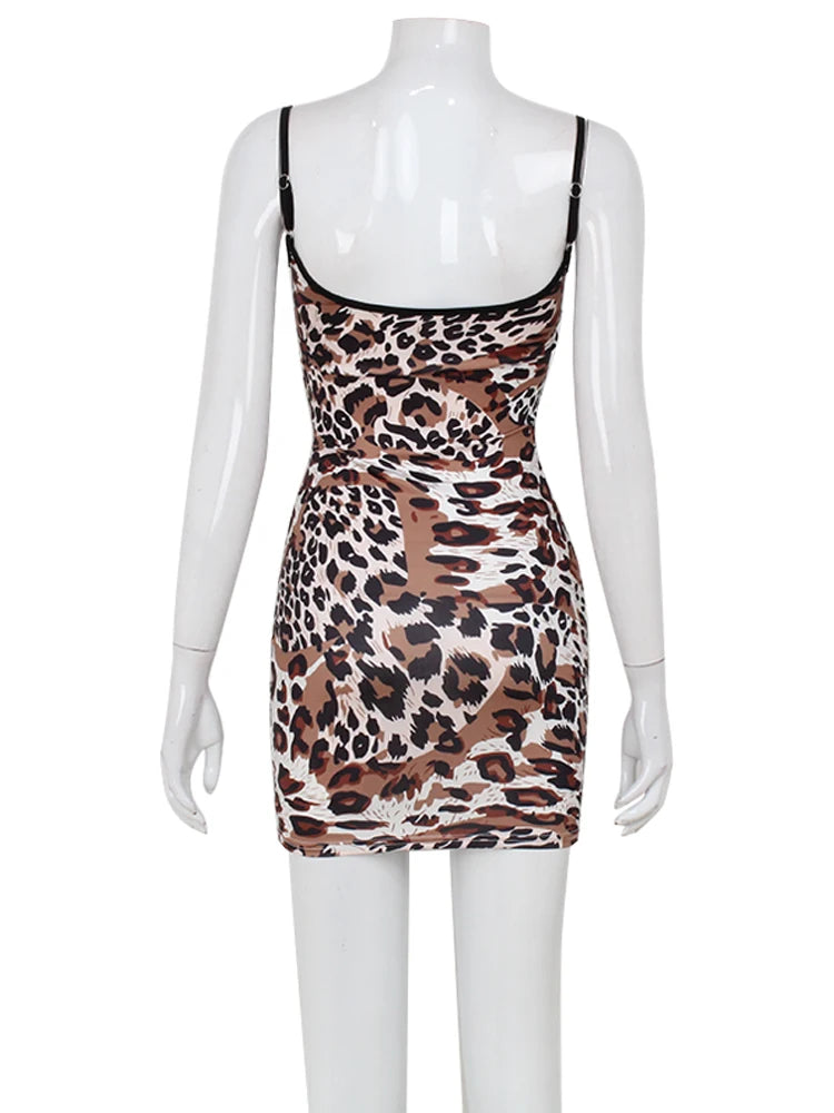 Fashion Sexy Summer Leopard Printed Women Dresses Backless Streetwear Regular Casual Camisole Strapless Skinny Vestidos Robes