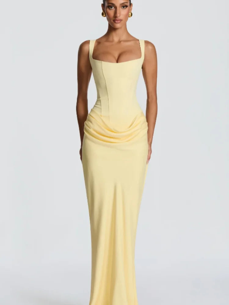 Solid Pleated Sling Dress Square Neck Sleeveless Off-shoulder Waist Cinching Slim Women Dresses Fashion Evening Party Gowns 2025
