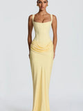 Solid Pleated Sling Dress Square Neck Sleeveless Off-shoulder Waist Cinching Slim Women Dresses Fashion Evening Party Gowns 2025