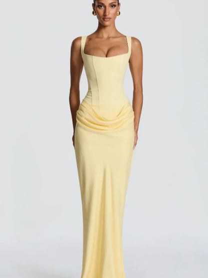 Solid Pleated Sling Dress Square Neck Sleeveless Off-shoulder Waist Cinching Slim Women Dresses Fashion Evening Party Gowns 2025