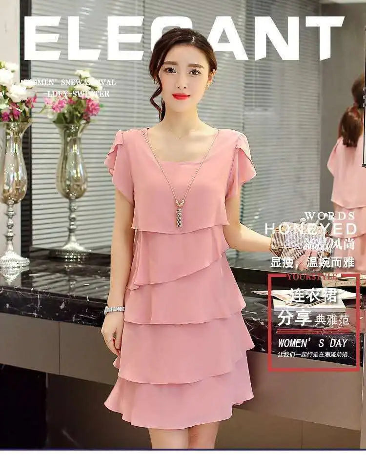 2026 Dress For Women Summer Wave Cut Ruffle Sweet Solid Short Sleeve Slim Dresses Lady Casual All-match Vestido O-Neck Chiffon