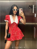 Red Floral Print Peter Pan Collar Women Summer Dress Puff Sleeve V Neck A-line Mini Dresses  2026 Lady Weekend Getaway Vestidos