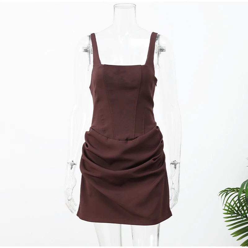 Solid Pleated Sling Dress Square Neck Sleeveless Off-shoulder Waist Cinching Slim Women Dresses Fashion Evening Party Gowns 2025