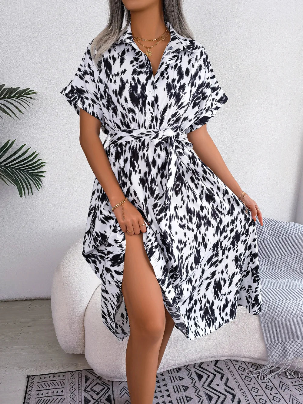 Ficusrong Women Summer Casual Loose Leopard Lace Up Shirt Dress For Ladies Fashion All Match Chic Dresses