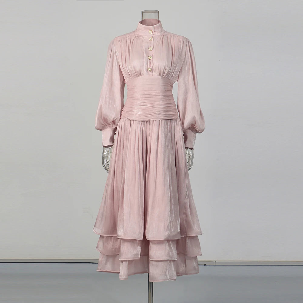TWOTWINSTYLE Solid Spliced Ruffles Folds Elegant Dresses for Women Stand Neck Long Sleevs Tunic Temperament Dress Female Fashion