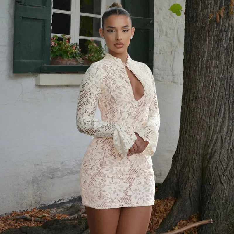 Suninheart Hollow Out Long Sleeve Cocktail Dress for Women 2025 Winter Stand Collar Club Party Dresses Lace Elegant Dresses