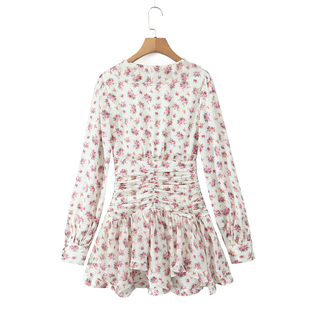 Boho Floral Print Ruffle Mini Dress Women Front Button Long Sleeve V Neck Spring Dresses 2025 Holiday Robe Short Vestidos