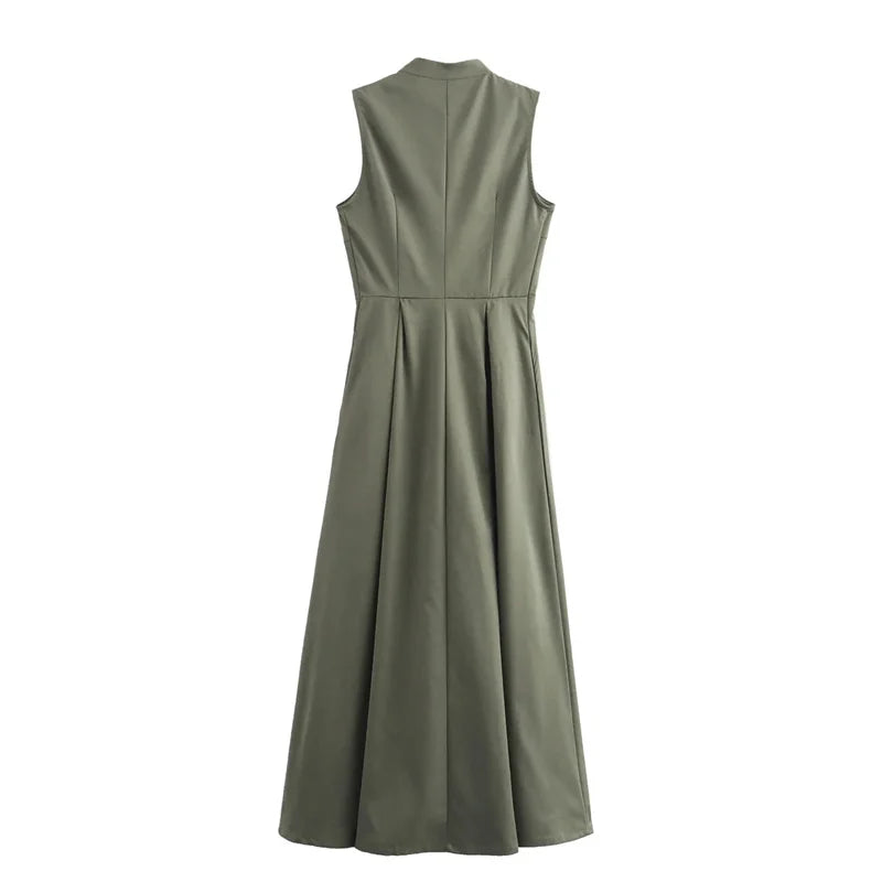 MUJER Zipper Long Dress Woman Pleated Sleeveless Bodycon Dress Summer Elegant Party Dresses For Women 2025 New Midi Dresses