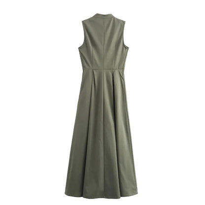 MUJER Zipper Long Dress Woman Pleated Sleeveless Bodycon Dress Summer Elegant Party Dresses For Women 2025 New Midi Dresses