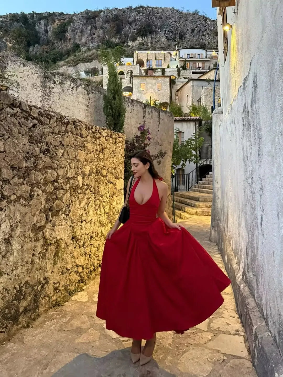 YENKYE Sexy Backless Green Elegant Halter Dress For Women Low Waist A-line Midi Summer Evening Party Dresses Cotton Robe