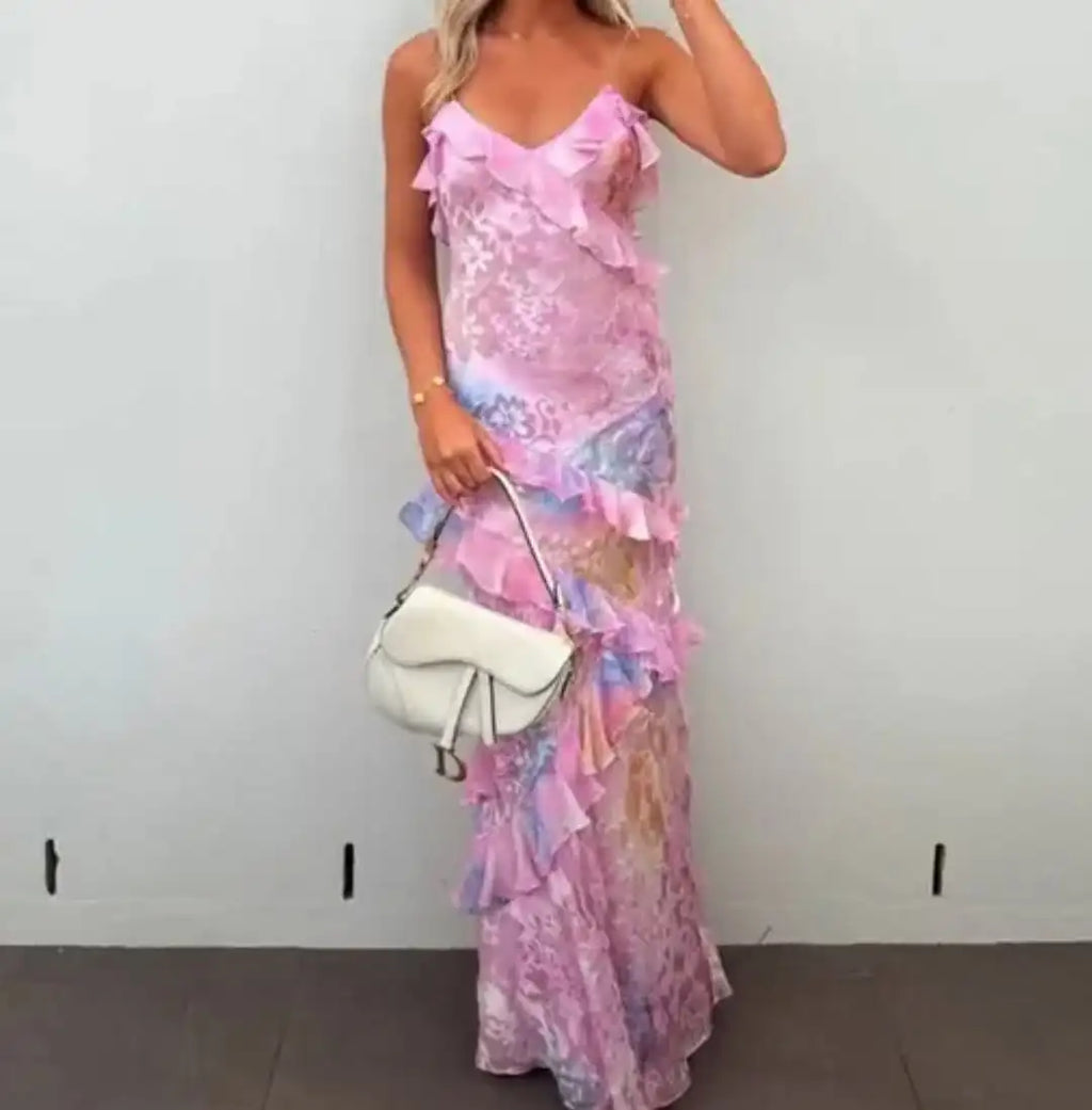 Women Solid Halter Neck Ruffle Long Dress Elegant Sleeveless Chiffon Tiered Waist Cinching Maxi Dresses 2026 New Street Vestidos