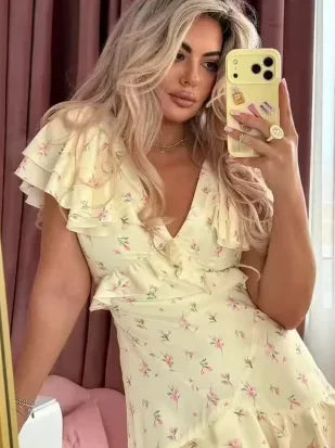 Floral Print V-neck Cinched Waist Dress Women Chic Layered Ruffle Hem Short Sleeved High-waist Dresses 2026 New Street Vestidos