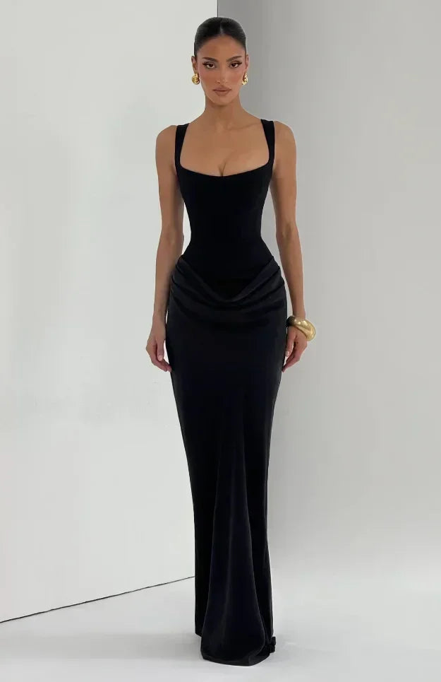 Solid Pleated Sling Dress Square Neck Sleeveless Off-shoulder Waist Cinching Slim Women Dresses Fashion Evening Party Gowns 2025