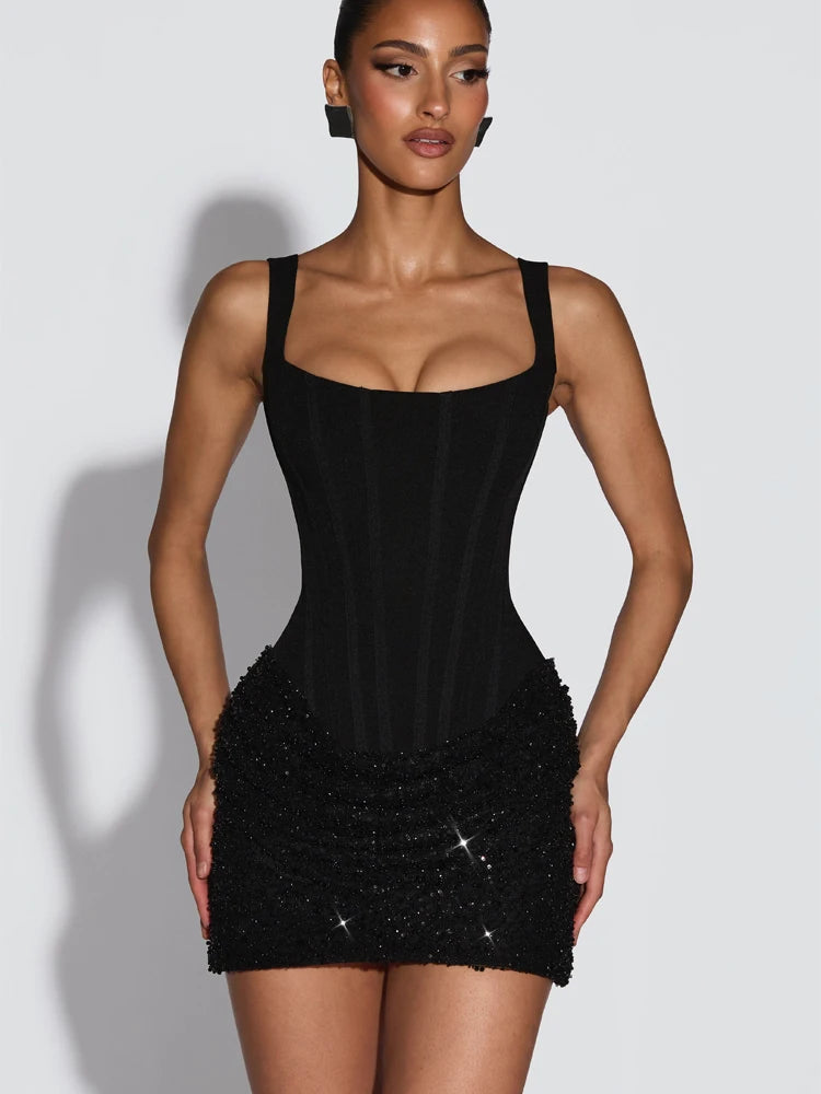 Sexy Square-neck Halter Mini Dress Women Pleated Sleeveless Backless High Waist Bodycon Dresses 2026 New Summer Lady Party Robe