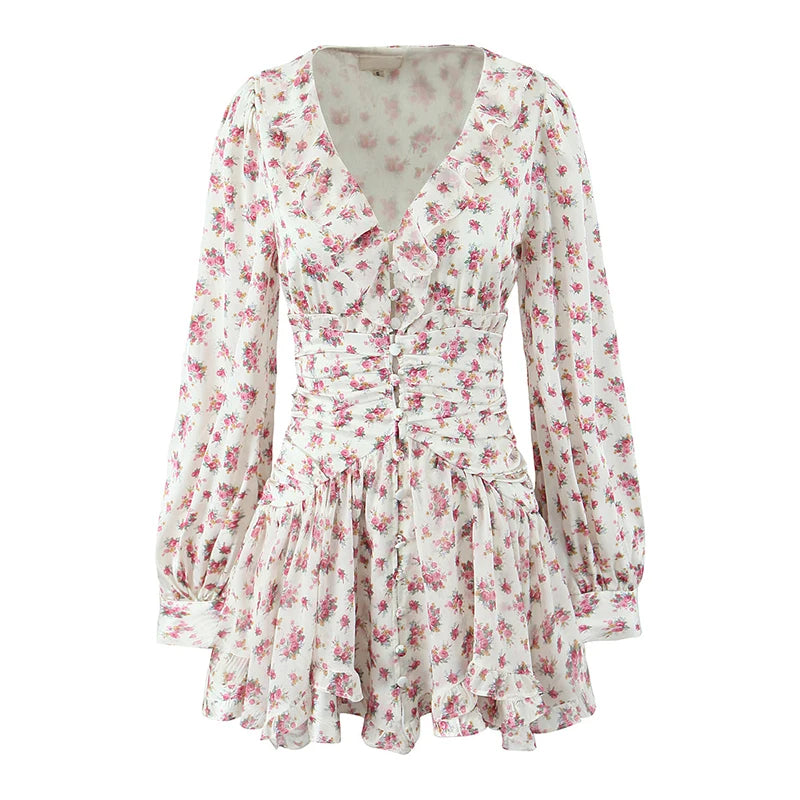 Boho Floral Print Ruffle Mini Dress Women Front Button Long Sleeve V Neck Spring Dresses 2025 Holiday Robe Short Vestidos