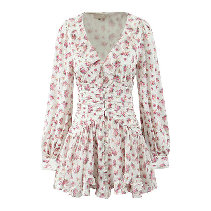 Boho Floral Print Ruffle Mini Dress Women Front Button Long Sleeve V Neck Spring Dresses 2025 Holiday Robe Short Vestidos