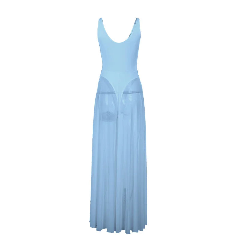 DGLUKE Transparent Mesh Maxi Dress With Bodysuit Plunging Backless Long Summer Dress Women Sexy Beach Party Dresses