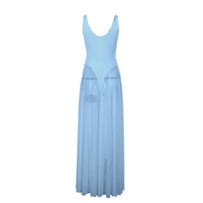 DGLUKE Transparent Mesh Maxi Dress With Bodysuit Plunging Backless Long Summer Dress Women Sexy Beach Party Dresses