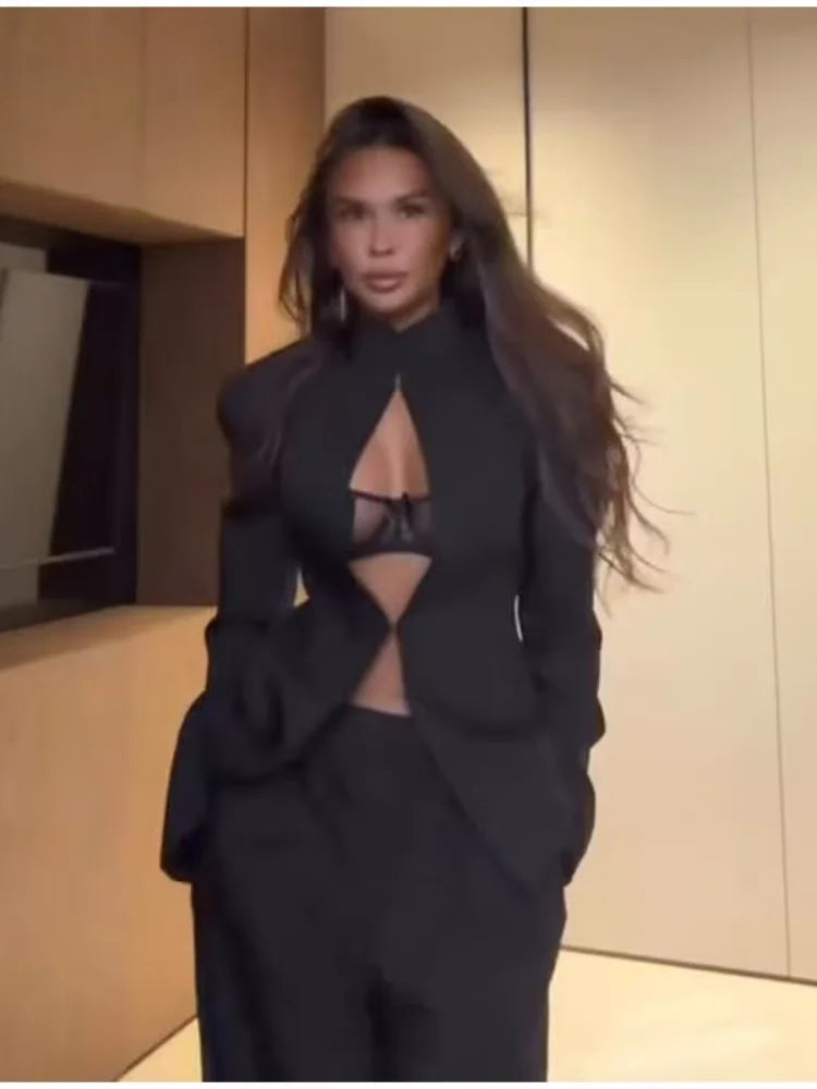 Women Black Hollow Blazer Dress Sexy Elegant Full Sleeve Shoulder Pads Cinched-waist Mini Dresses 2026 Lady Evening Dinner Wear