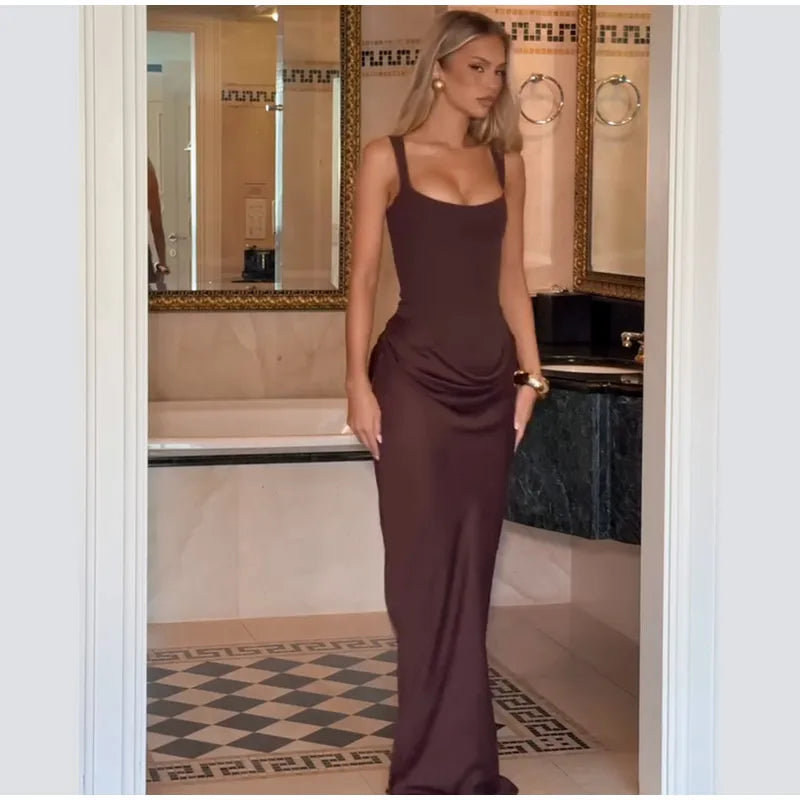 Women Brown Square-neck Pleated Sling Maxi Dress Sexy Sleeveless Off-shoulder Waist Cinching Slim Dresses Evening Party Gown
