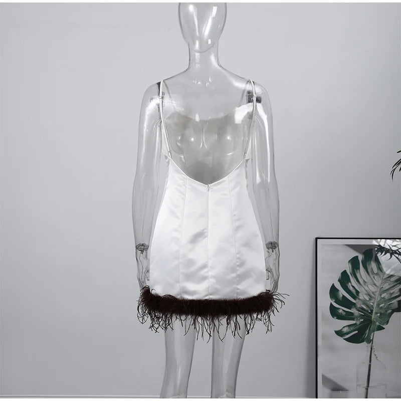 Sexy Feather Patchork Sling Short Dress Women Sleeveless Backless Slim Female Dresses 2026 Spring Summer Lady Beach Chic Robes
