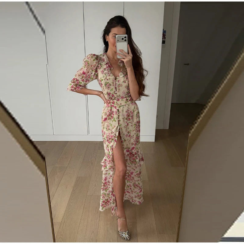 Women Chic Printed Gathered Large Swing Dress Sexy Sleeveless High Waist Slim Fit Sling Dresses 2026 New Lady Party Club Gowns