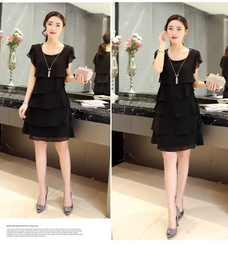 2026 Dress For Women Summer Wave Cut Ruffle Sweet Solid Short Sleeve Slim Dresses Lady Casual All-match Vestido O-Neck Chiffon