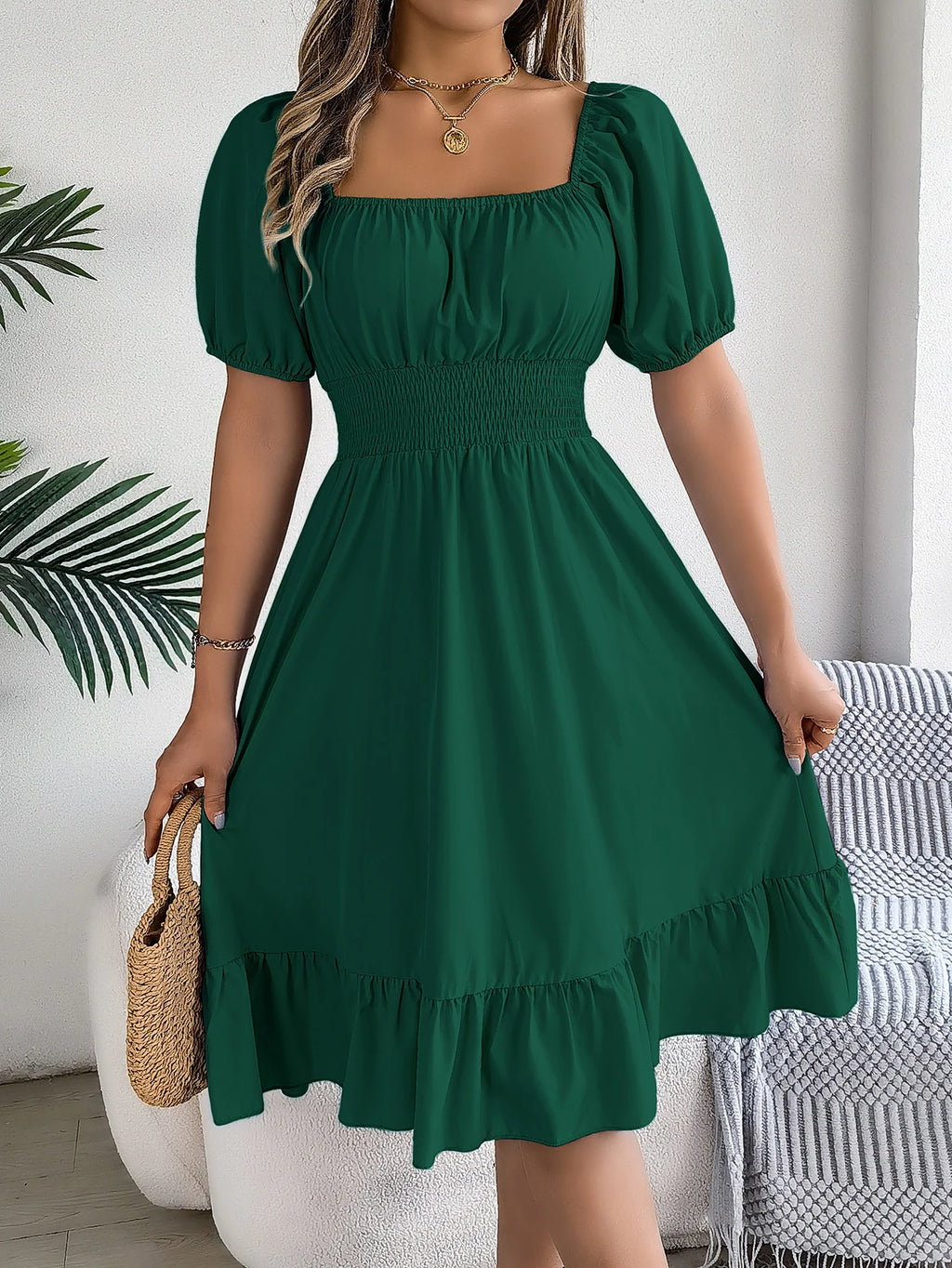 Spring Summer Elegant High Waisted Dress Square Neck Short Sleeved Ruffled Edge Long Dresses 2026 Valentine's Day Woman Clothing