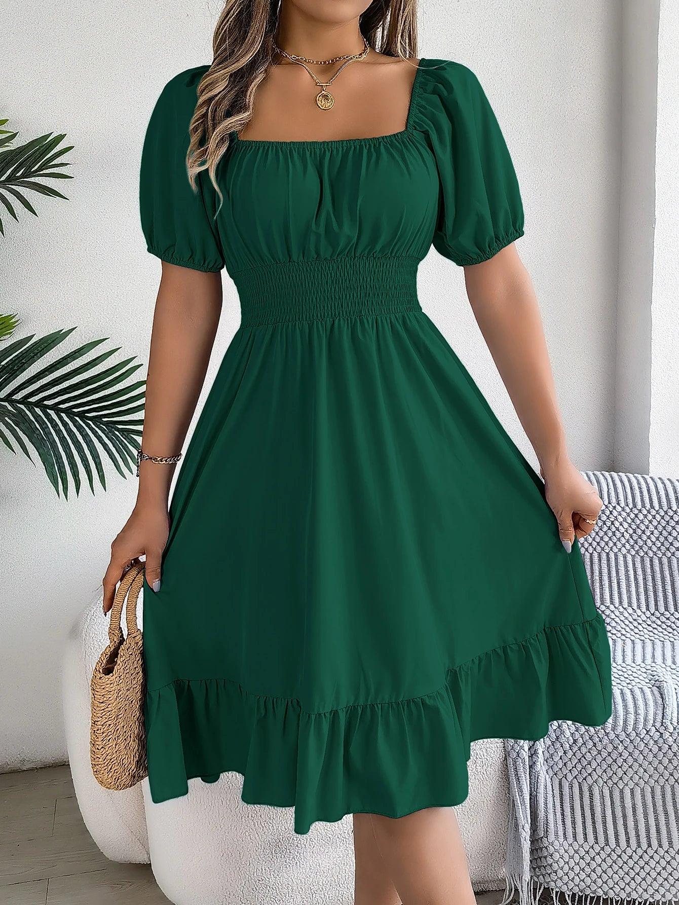 Spring Summer Elegant High Waisted Dress Square Neck Short Sleeved Ruffled Edge Long Dresses 2026 Valentine's Day Woman Clothing