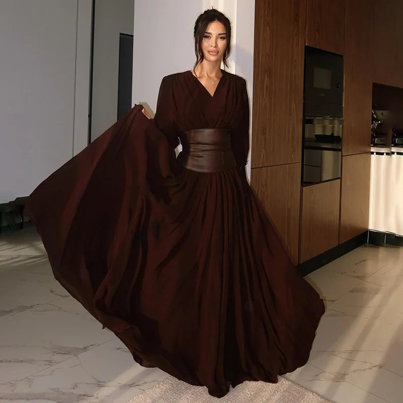 Vintage Nipped Waisted Long Sleeved A-line Dress Elegant V Neck Split Long Dresses 2024 Women Loose Vintage Party Long Dresses