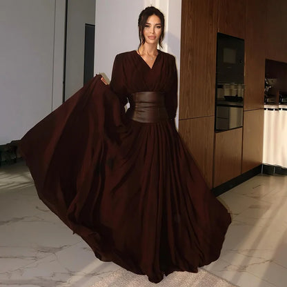 Vintage Nipped Waisted Long Sleeved A-line Dress Elegant V Neck Split Long Dresses 2024 Women Loose Vintage Party Long Dresses