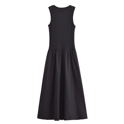 MUJER Black Pleated Long Dresses for Women Knitted Sleeveless Maxi Dress Woman Vintage Party Womens Dresses Spring Casual Dress