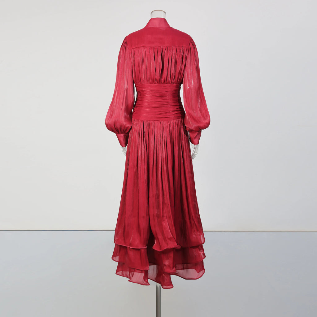 TWOTWINSTYLE Solid Spliced Ruffles Folds Elegant Dresses for Women Stand Neck Long Sleevs Tunic Temperament Dress Female Fashion