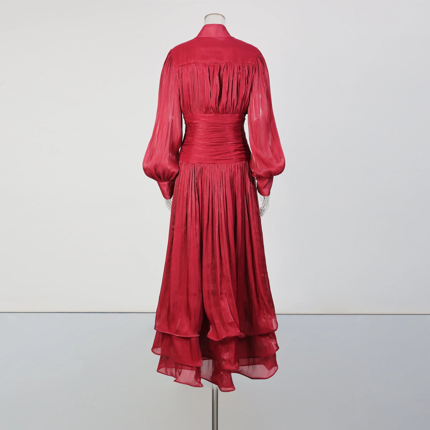 TWOTWINSTYLE Solid Spliced Ruffles Folds Elegant Dresses for Women Stand Neck Long Sleevs Tunic Temperament Dress Female Fashion