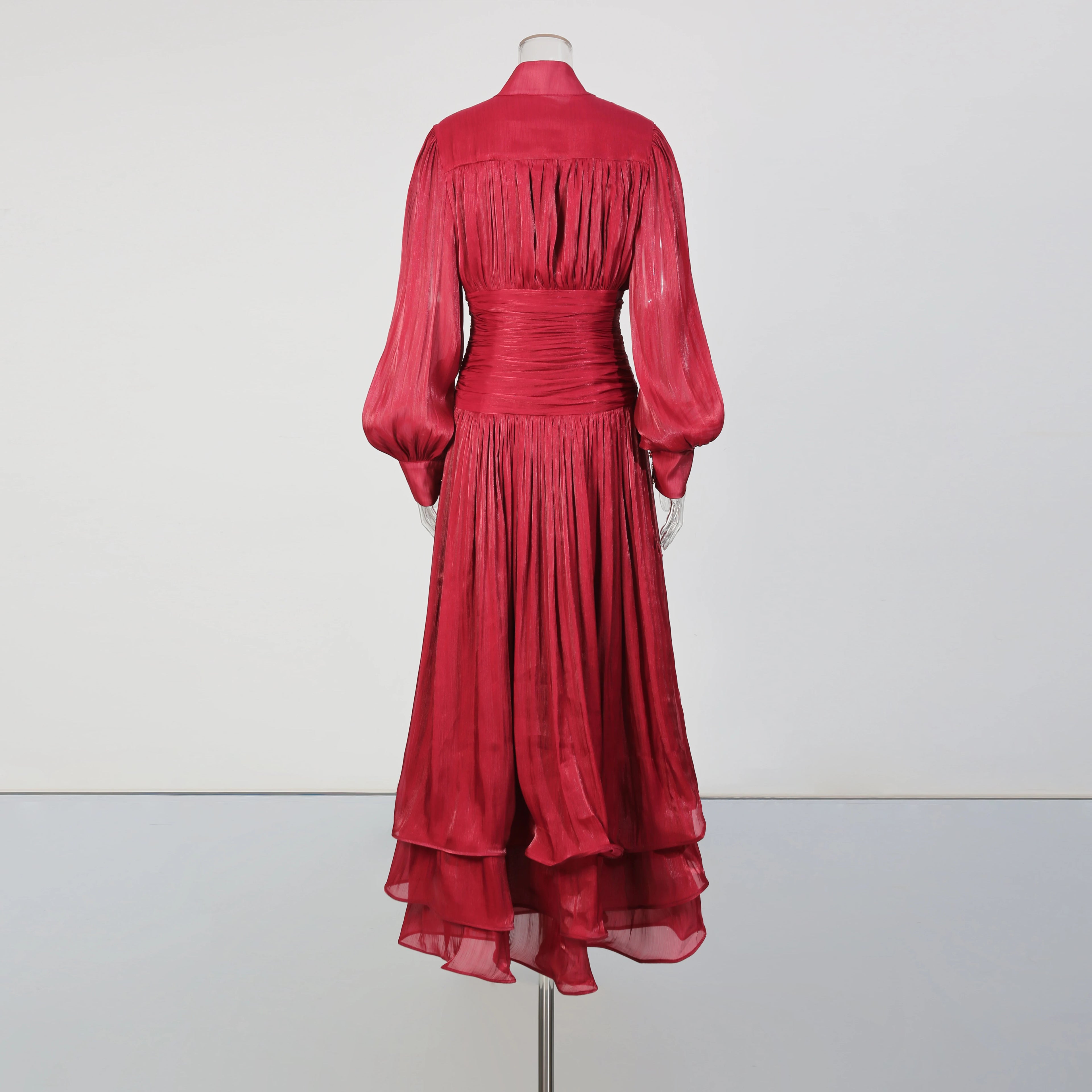 TWOTWINSTYLE Solid Spliced Ruffles Folds Elegant Dresses for Women Stand Neck Long Sleevs Tunic Temperament Dress Female Fashion