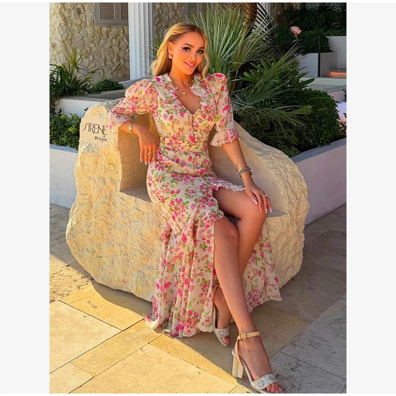 Women Chic Printed Gathered Large Swing Dress Sexy Sleeveless High Waist Slim Fit Sling Dresses 2026 New Lady Party Club Gowns