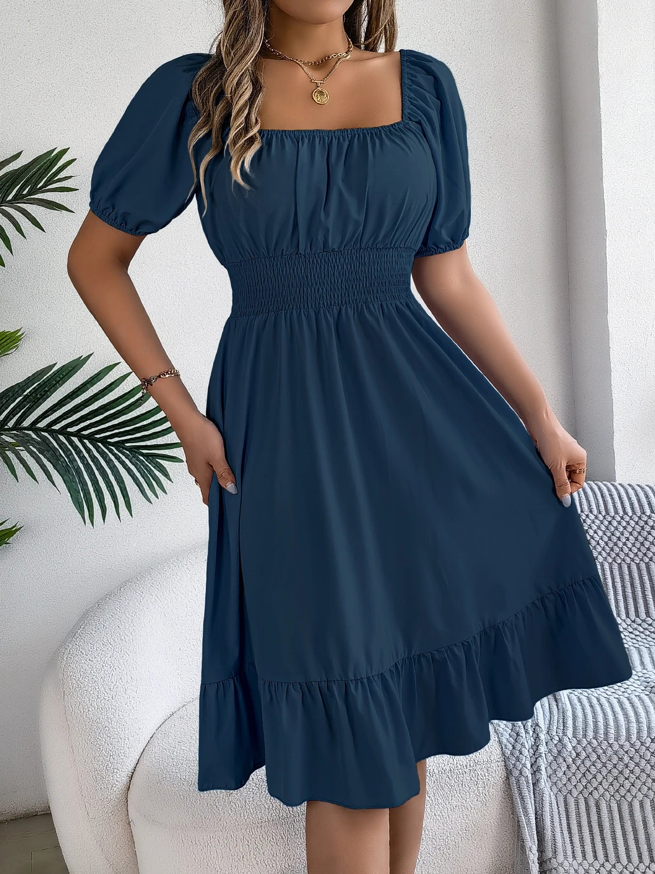 Spring Summer Elegant High Waisted Dress Square Neck Short Sleeved Ruffled Edge Long Dresses 2026 Valentine's Day Woman Clothing