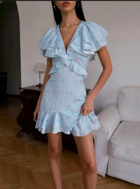 Floral Print V-neck Cinched Waist Dress Women Chic Layered Ruffle Hem Short Sleeved High-waist Dresses 2026 New Street Vestidos