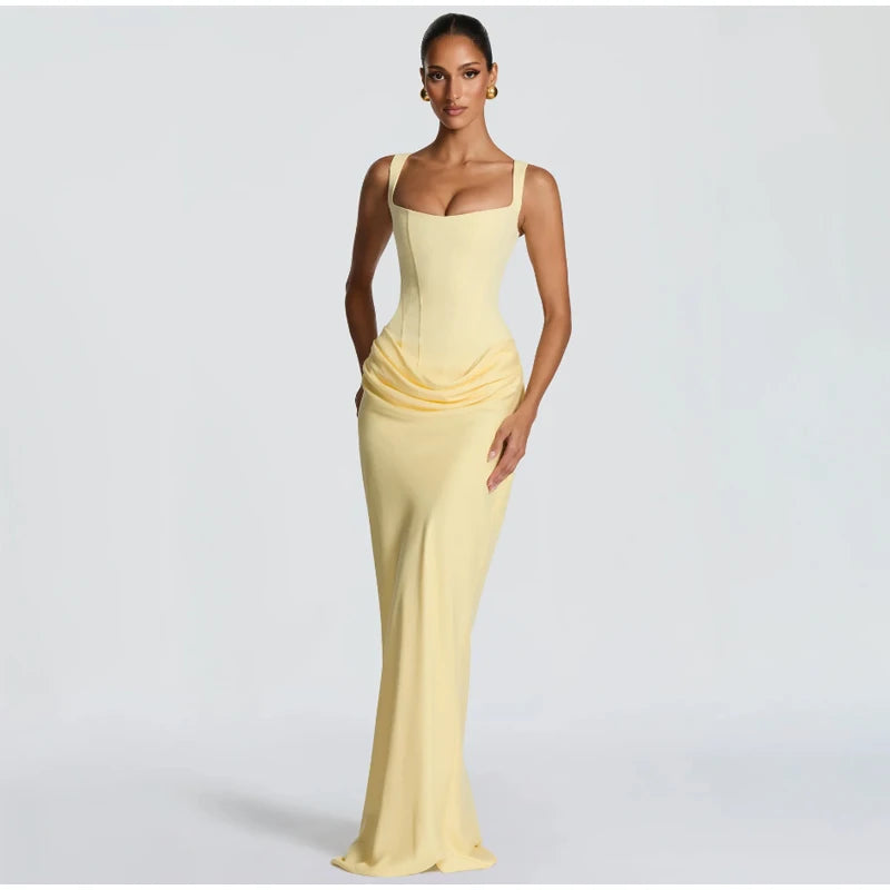 Yellow Strapless Pleated Women Split Maxi Dress Elegant Sleeveless Waist Cinching Slim Fit Dresses 2026 Lady Daily Party Gowns