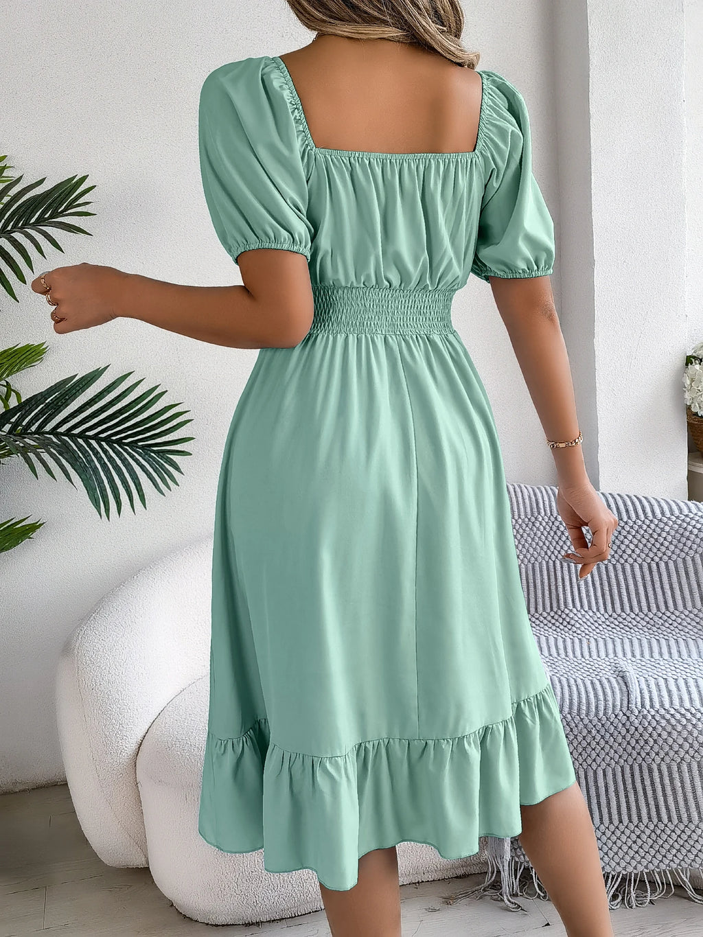 Spring Summer Elegant High Waisted Dress Square Neck Short Sleeved Ruffled Edge Long Dresses 2026 Valentine's Day Woman Clothing