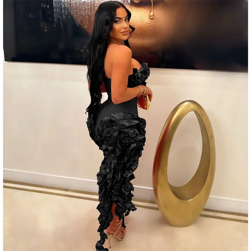 Elegant Ruffles Tassel Birthday Dress for Women 2024 Night Party Celebrity Irregular Strapless Sleeveless Evening Long Dresses