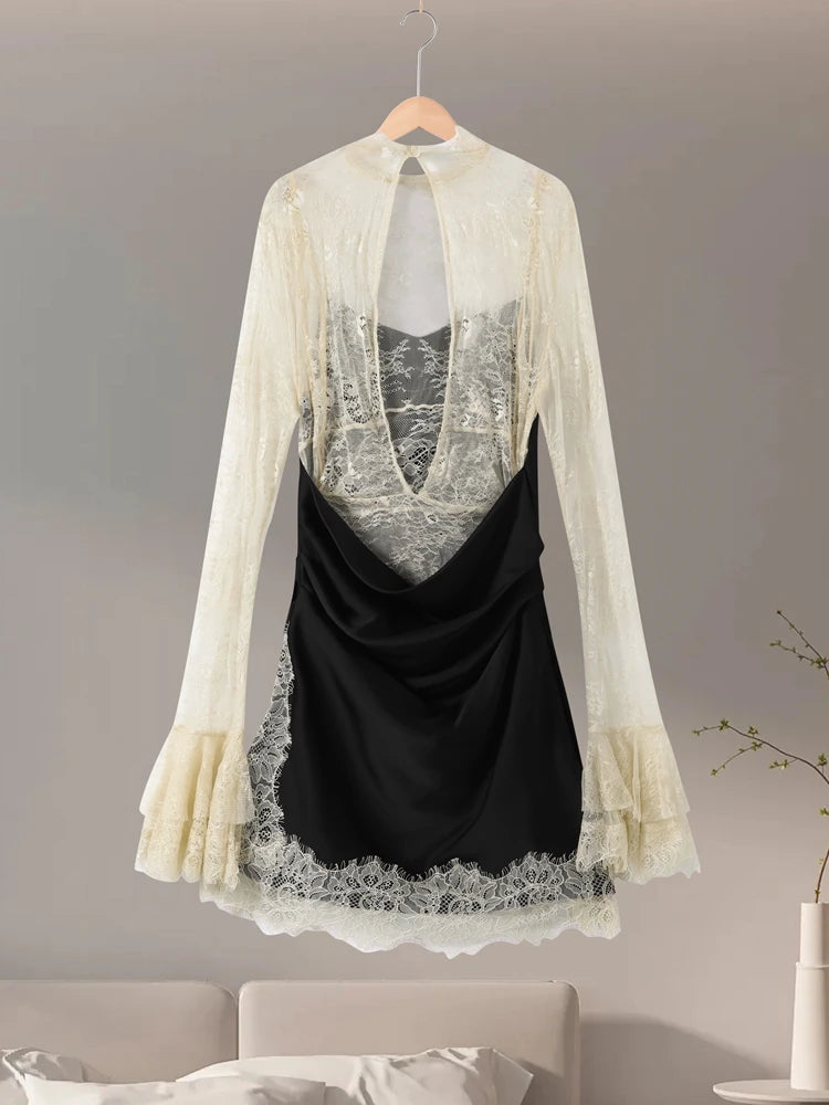Lace Patchwork Panelled Short Dress Women Sexy Hollow Out Flare Long Sleeve Pleat Party Evening Dresses Charming Ladies Clubwear