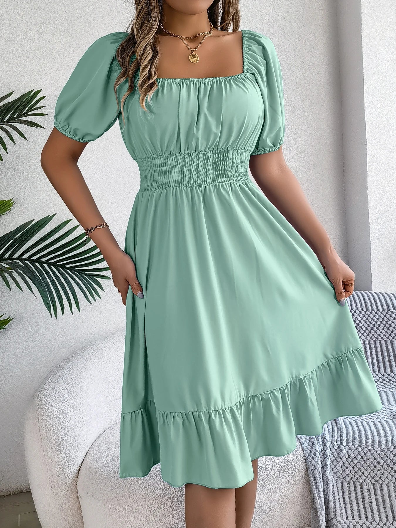 Spring Summer Elegant High Waisted Dress Square Neck Short Sleeved Ruffled Edge Long Dresses 2026 Valentine's Day Woman Clothing