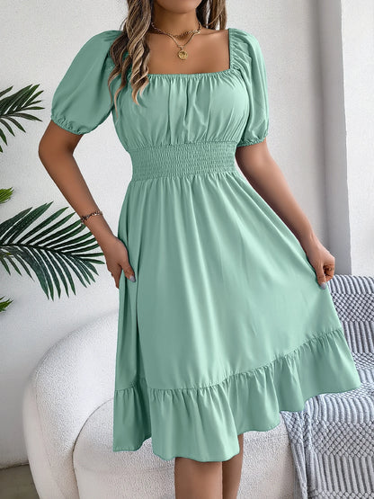 Spring Summer Elegant High Waisted Dress Square Neck Short Sleeved Ruffled Edge Long Dresses 2026 Valentine's Day Woman Clothing