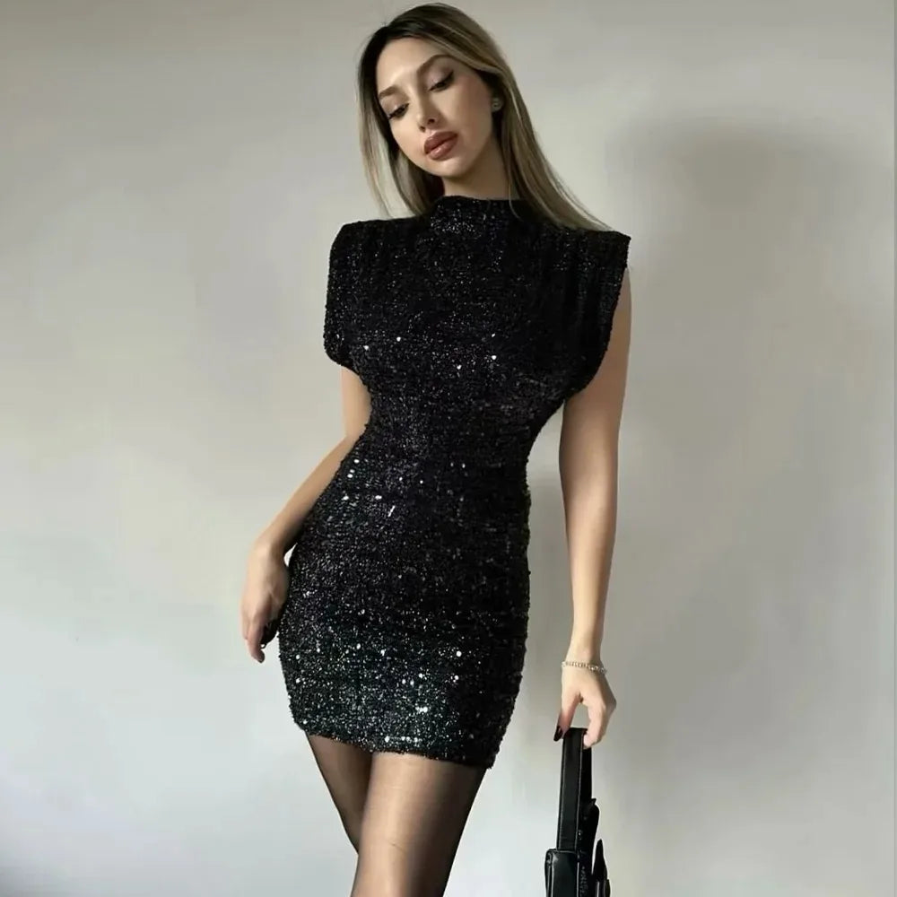 KONDALA 2026 Spring Women Sequined Party Dresses Shoulder Pad Sheath Mini Dress Sleeveless Valentine‘s Day Women Elegant Dresses