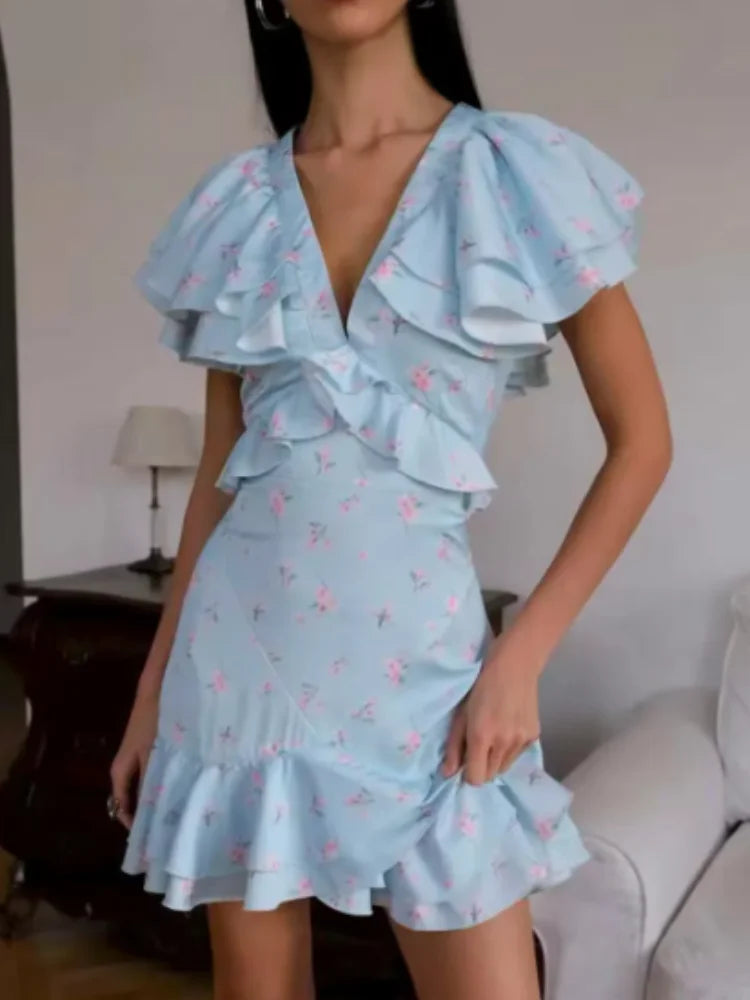 Floral Print V-neck Cinched Waist Dress Women Chic Layered Ruffle Hem Short Sleeved High-waist Dresses 2026 New Street Vestidos
