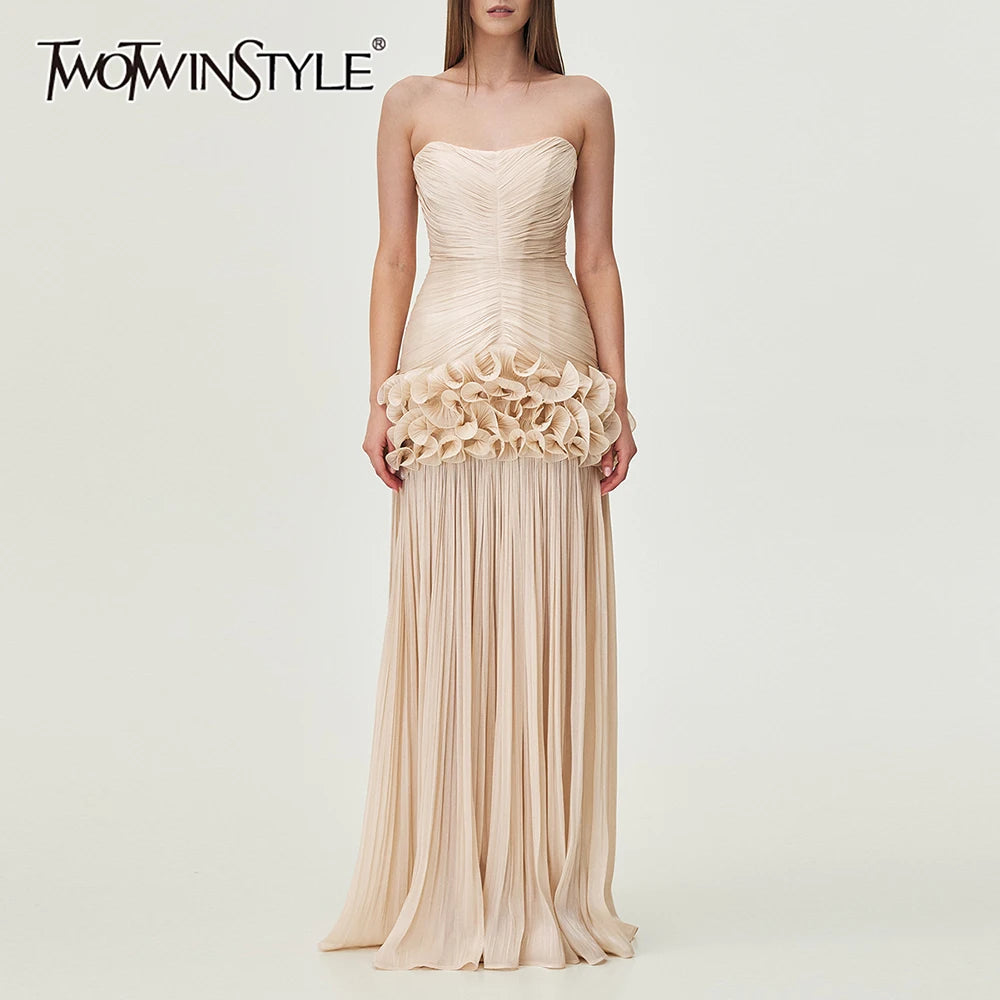 TWOTWINSTYLE Solid Spliced Fungus Slimming Dresses for Women Strapless Sleeveless Patchwork Folds Midi Dress Female Clothing New